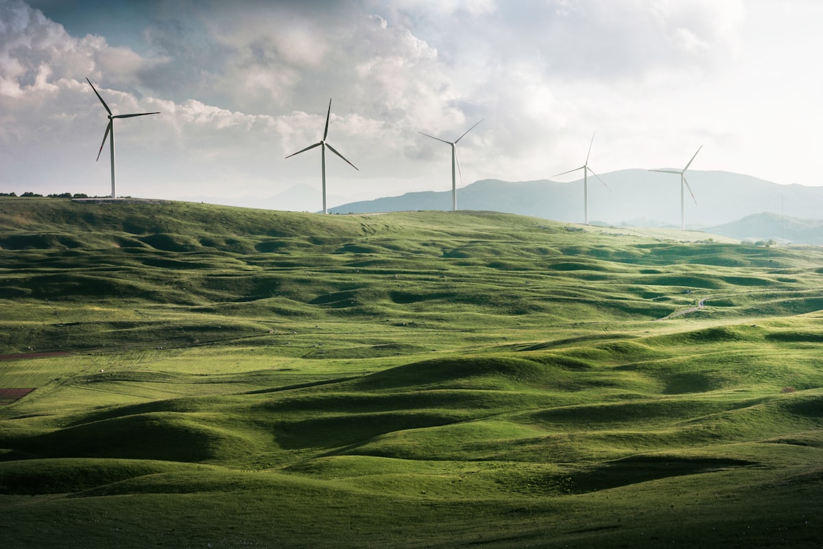 Wind turbines in a mountainous area of northern Spain at sunset